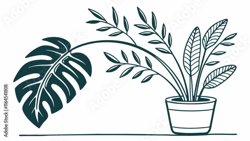 Tropical Houseplant Illustration: A minimalist line drawing of a potted houseplant, featuring the iconic Monstera deliciosa leaf. The illustration captures the beauty and serenity of indoor greenery.