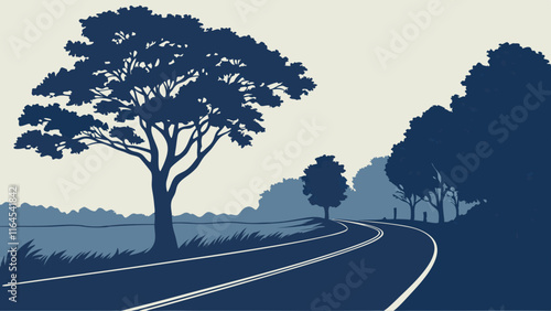 Serene Country Road: Winding road through lush countryside, vector illustration, nature, landscape, travel, journey, road trip, scenic route, trees, silhouette, peaceful, tranquil, calm, relaxing.