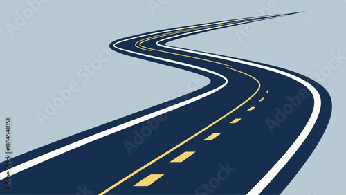 Winding Road to Success: A journey of progress, represented by a winding asphalt road with white lane markings, stretching towards a horizon of possibilities.  