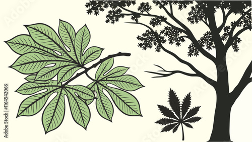 Chestnut Tree Silhouette:  Detailed silhouette of a chestnut tree with leaves, branches, and a single leaf. Ideal for fall decor, nature illustrations, and botanical designs.  