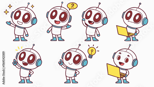 Cute Robot Character Set:  This charming set of illustrations features a friendly, expressive robot character in various poses and expressions.
