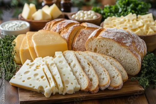 Freshly sliced bread and various cheeses arranged on a wooden board for a gou...