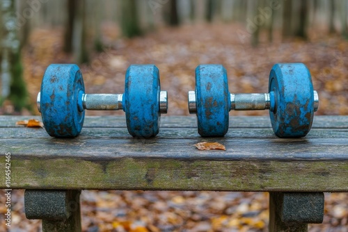Old blue dumbbell resting on a weathered wooden bench in a park surrounded by...