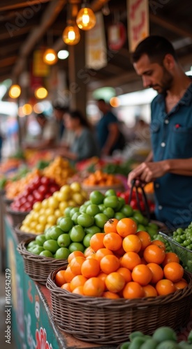 Many baskets of fruit on display at a market photo