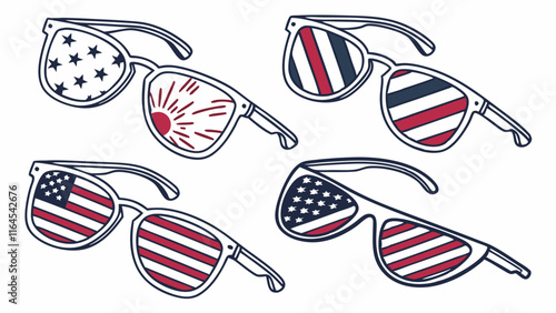 Patriotic Sunglasses:  Collection of sunglasses with different patriotic themes, featuring the American flag, stars, stripes, and sunburst designs.