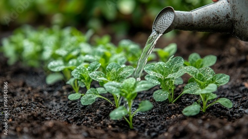 Fresh lettuce being watered in vegetable garden during sunny day for healthy ...