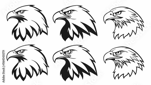 Eagle Head Silhouette Set: Six powerful and majestic eagle head silhouettes, perfect for logos, emblems, or any design project needing a touch of fierce strength and freedom.  