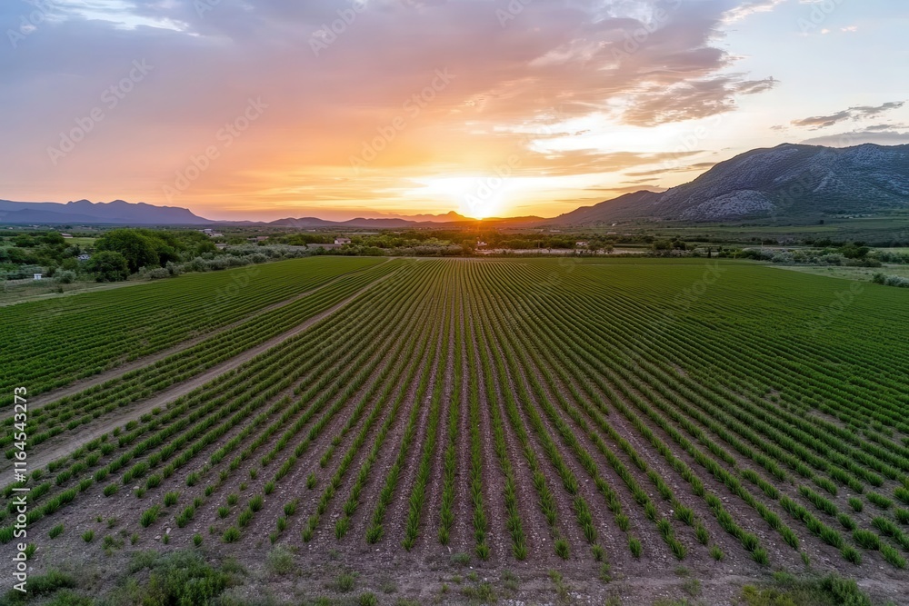A breathtaking view of a vast vineyard under a picturesque sunset, highlighting vibrant green rows amidst a serene mountainous landscape in the background. A breathtaking view of a vast vineyard under a picturesque sunset, highlighting vibrant green rows amidst a serene mountainous landscape in the background.
