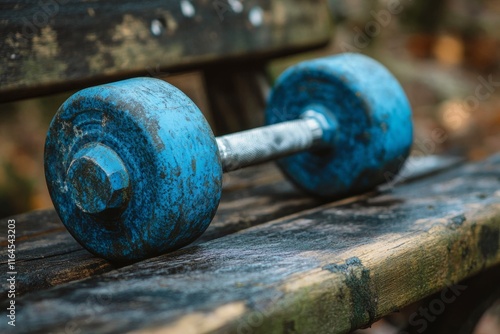 Old blue dumbbell resting on a weathered wooden bench in a park surrounded by...