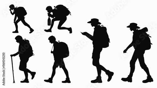 Hiking Silhouettes:  A set of six unique silhouettes depicting hikers in various stages of their journey, from weary to determined.  Perfect for illustrating adventure, exploration.