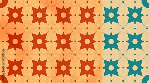 Starry Tile Pattern: A set of two seamless patterns, one with a red star and one with a teal star, on a vintage, textured background. Perfect for textile, wallpaper, and digital design. 