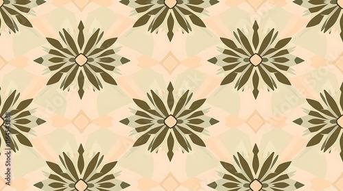 Wallpaper Mural Seamless Pattern with Floral Motifs:  A delicate and sophisticated pattern features stylized floral motifs in shades of green and beige, creating a timeless and elegant design. Ideal for fabric. Torontodigital.ca