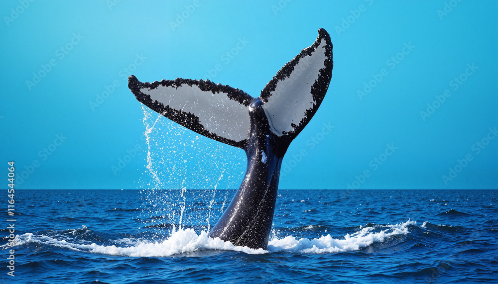 Fototapeta premium Whale tail breaching in ocean against blue sky