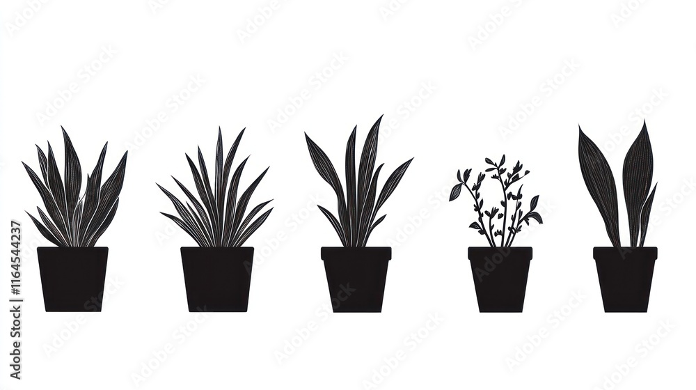 Fototapeta premium Five potted plants silhouettes. (1)