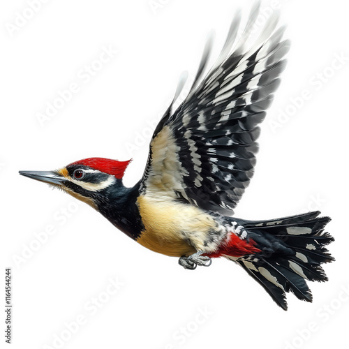 a colorful woodpecker in mid-flight. showcasing its distinctive plumage with a vibrant red crest. black and white wings. and a yellow body the bird appears dynamic and lively against a plain backgroun photo