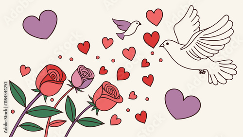 Love Birds and Roses: A whimsical illustration of two doves flying amidst a flurry of hearts and blooming roses, symbolizing love, romance, and the beauty of nature.  