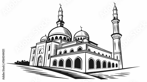 Mosque Illustration: A detailed illustration depicting a mosque with intricate architectural details, evoking a sense of spirituality and peace.  