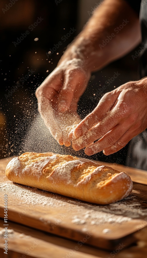 Freshly Baked, Rustic Loaf Close-up of Baker s Hands Dusting Flour in Warm Kitchen Setting Freshly Baked, Rustic Loaf Close-up of Baker s Hands Dusting Flour in Warm Kitchen Setting