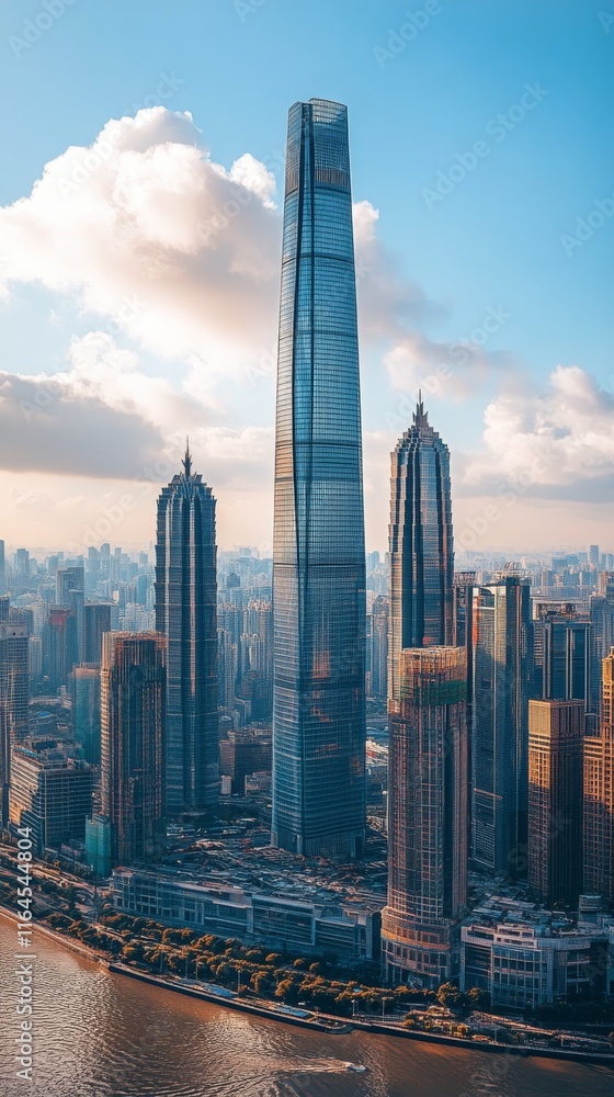 Fototapeta premium Skyline view of modern skyscrapers in a bustling city during sunny afternoon