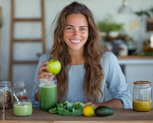 A woman is smiling and holding an apple in front of a table with various fruits