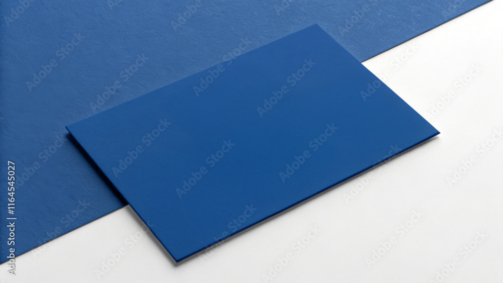 A blue rectangular blank business card lies on a background divided between blue and white surfaces. The composition is minimalist, with clean lines and a monochromatic color scheme. AI generated. A blue rectangular blank business card lies on a background divided between blue and white surfaces. The composition is minimalist, with clean lines and a monochromatic color scheme. AI generated.