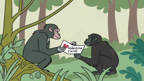 Jungle Love: Valentine's Day card exchange between two chimpanzees in a lush green forest.  A heartwarming illustration of love and affection in the wild. 