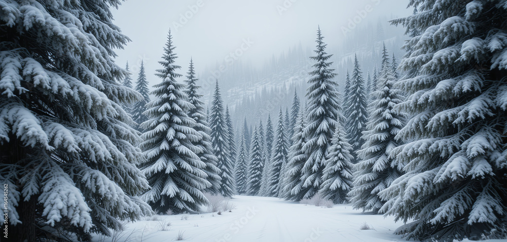 Fototapeta premium Tall pine trees blanketed in fresh snow create a tranquil winter atmosphere. A narrow path winds through the forest, inviting exploration and peaceful reflection in nature