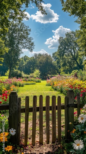 Beautiful garden path leading through vibrant flowers and greenery on a sunny...