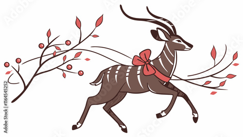 Elegant Antelope with Festive Bow: A stylized illustration of an antelope with a red bow, running through a wintery forest, branches adorned with red berries, creating a whimsical and festive scene. 