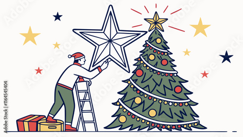 Christmas Star: A Festive Illustration: A joyful person places a star atop a beautifully decorated Christmas tree, capturing the magic and anticipation of the holiday season.  