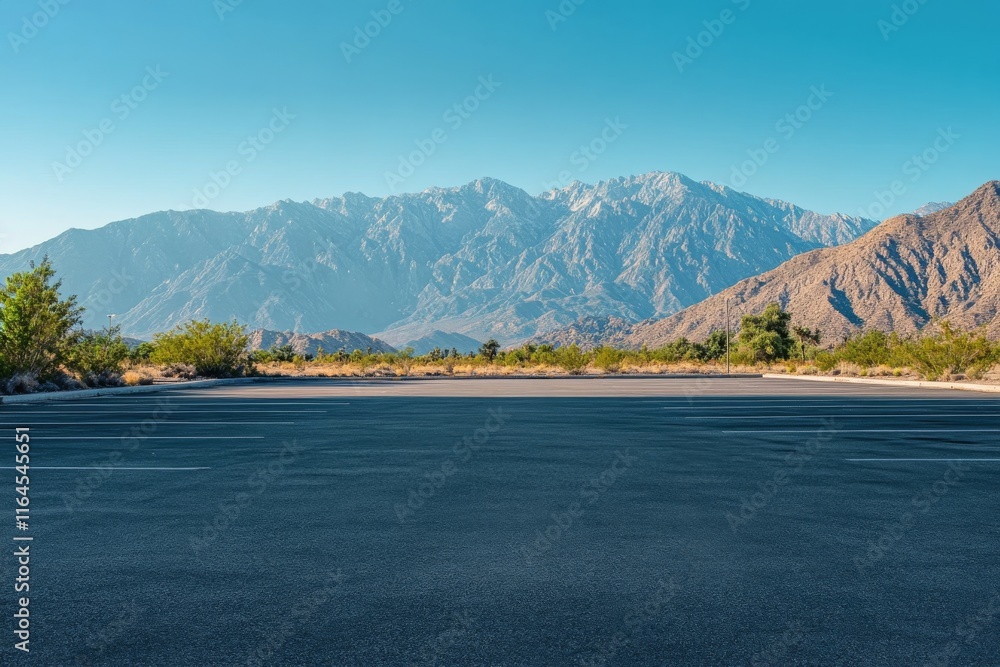 Fototapeta premium Stunning mountain landscape with an empty parking lot under clear blue sky
