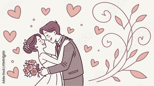 Forever Love: A tender embrace, hearts intertwined, capturing the joy of a newlywed couple's love story. An illustration perfect for wedding invitations, romantic decor, and celebrating enduring love.