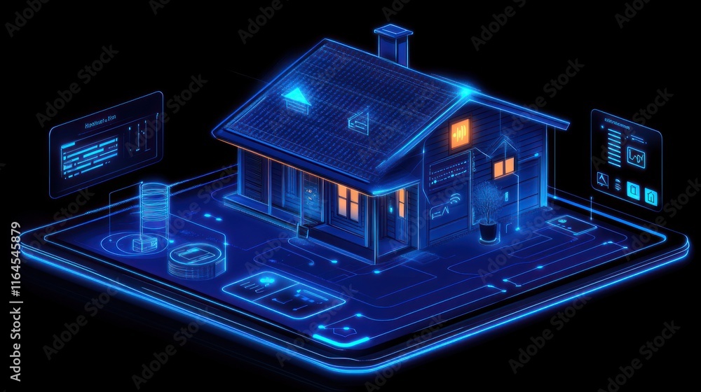 Fototapeta premium A futuristic smart home model with digital interfaces and glowing elements.