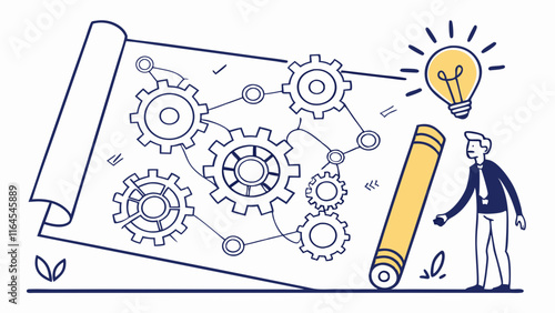 The Blueprint for Innovation: A simple line drawing of a businessman standing next to a blueprint, revealing a complex system of gears and connections.