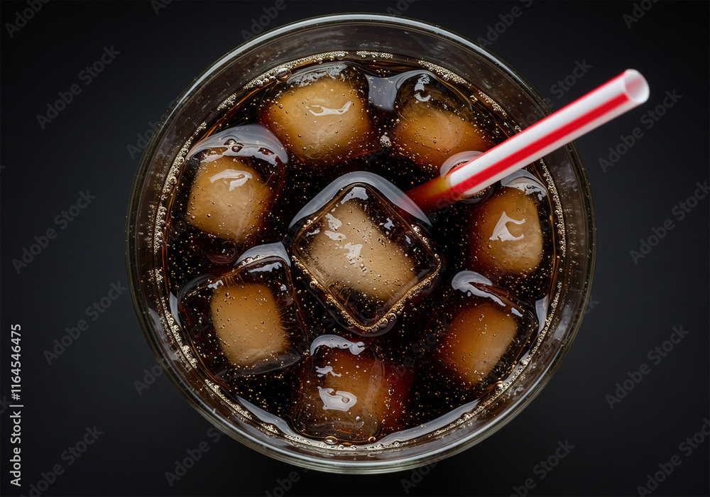 A glass of cold cola with ice cubes and straw in it, top view, close-up. A glass of cold cola with ice cubes and straw in it, top view, close-up.