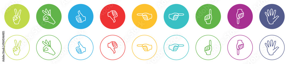 Hand gesture big collection. Hand gestures in circle set with silhouette and line style. Hand gesture vector icon set different color. Hand poses gesture isolated. Flat design. Vector illustration. Hand gesture big collection. Hand gestures in circle set with silhouette and line style. Hand gesture vector icon set different color. Hand poses gesture isolated. Flat design. Vector illustration.