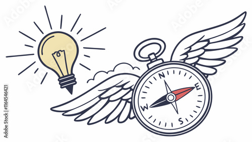 Inspired Navigation: A winged compass and brilliant lightbulb soar together, symbolizing innovative direction and insightful guidance.