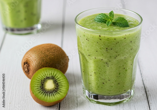 Kiwi yogurt juice healthy smoothies green beverage taste delicious drink summer have proten colorful in the glass and fruit kiwi on white wood background . photo