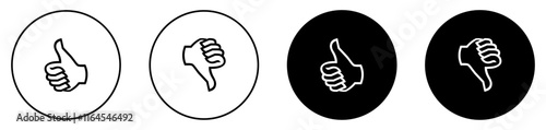 Thumbs up and thumb down, like and dislike icon set in black circle. Like and dislike icons buttons. Like and dislike icon on circle line. Flat design. Vector illustration.