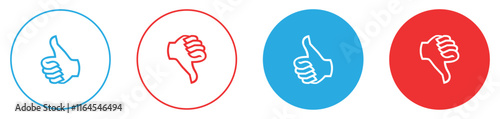 Thumbs up and thumb down, like and dislike icon set in blue and red circle. Like and dislike icons buttons. Like and dislike icon on circle line. Flat design. Vector illustration.