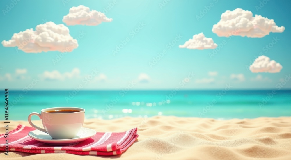 Cup of coffee on a table on the beach, space for text, travel Cup of coffee on a table on the beach, space for text, travel