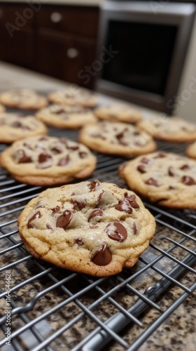 Delicious chocolate chip cookies cooling on a wire rack in a cozy kitchen atm...