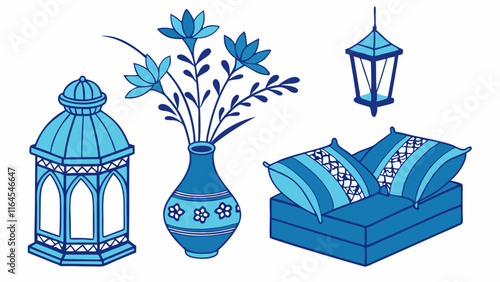 Serene Blue Moroccan Decor: A collection of elegant Moroccan-inspired design elements in calming shades of blue, including lanterns, cushions, a vase, and flowers.