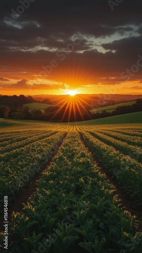 Breathtaking sunset over rolling hills and green fields in a serene countrysi...