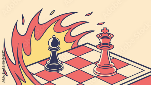 Chessboard on Fire: Intense Competition. A pawn and king face off on a chessboard engulfed in flames, symbolizing high-stakes rivalry and strategic battle.  