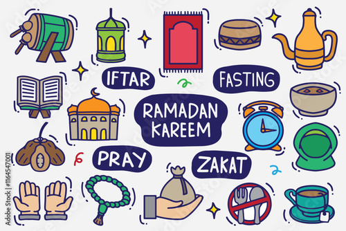 set of ramadan doodle with color good for background, wallpaper, icon, element design, etc