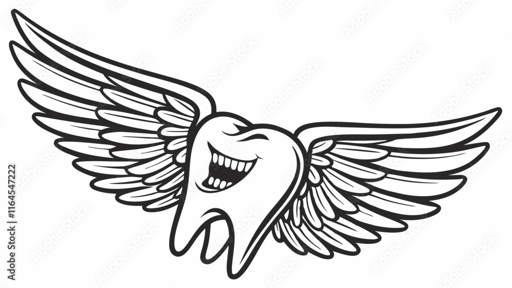 Flying Tooth Cartoon: A cartoon tooth with a mischievous grin soars through the air with majestic wings. This whimsical illustration is perfect for dental offices, children's books. Flying Tooth Cartoon: A cartoon tooth with a mischievous grin soars through the air with majestic wings. This whimsical illustration is perfect for dental offices, children's books.