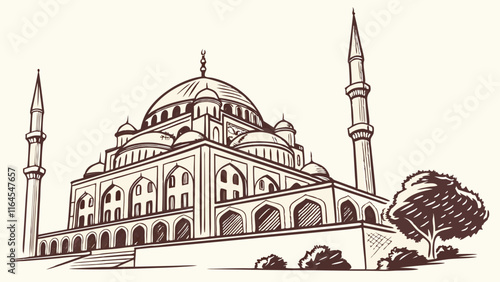 Mosque Sketch: A detailed sketch of a majestic mosque with intricate details, capturing the architectural beauty and serenity of Islamic places of worship.  