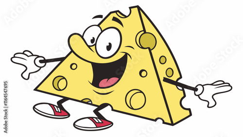 Cheesy Character: A cheerful, anthropomorphic wedge of Swiss cheese, grinning widely with big, round eyes, brings a touch of playful charm to any design or illustration.  