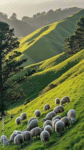 Sheep grazing on lush green hills under a cloudy sky in a tranquil rural land...